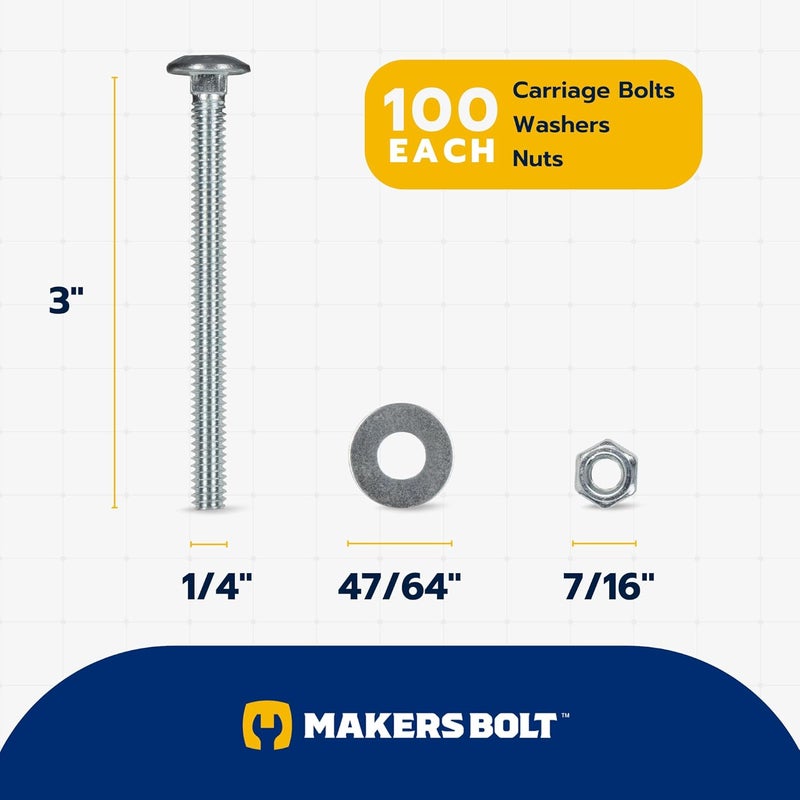MAKERS BOLT 1/4" x 3" (100 Pack) Zinc Carriage Bolt Kit, Grade 307A by - Image 2